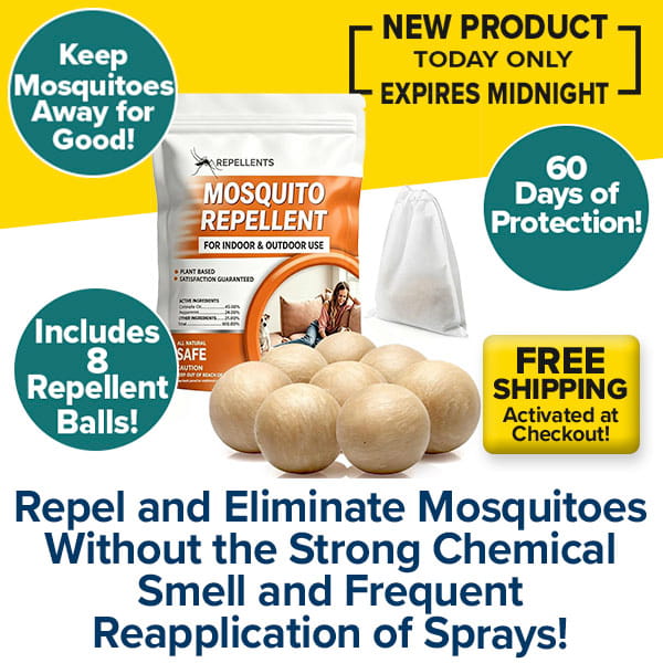 Eight wooden-colored Mosquito Repellent Balls With Citronella Oil are shown with their packaging pouch and promotional bubbles advertising sixty days of protection and free shipping.