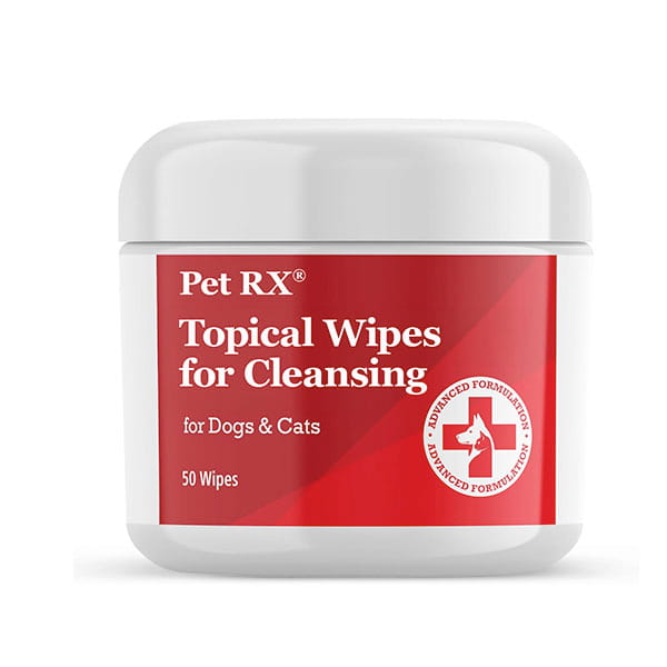 A white container of Pet RXⓇ Topical Wipes for Cleansing, featuring a red label with white text and a small dog and cat icon, contains 50 skin wipes for dogs and cats and is designed as an effective dog hot spot treatment.