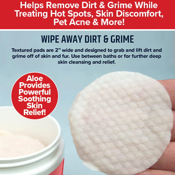 A hand holds a round textured pad above an open container. Text describes the pad’s features for removing dirt while soothing skin with aloe, aimed at treating hot spots, discomfort, pet acne, and more—making Pet RXⓇ Topical Wipes for Cleansing an effective dog hot spot treatment.
