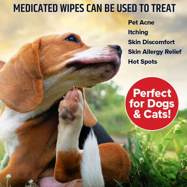 A beagle scratches its ear with its hind leg while sitting on the grass. Text highlights Pet RXⓇ Topical Wipes for Cleansing, offering relief for pet acne, itching, discomfort, allergies, and hot spots. A red circle emphasizes, “Perfect for dogs & cats!”.
