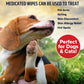 A beagle scratches its ear with its hind leg while sitting on the grass. Text highlights Pet RXⓇ Topical Wipes for Cleansing, offering relief for pet acne, itching, discomfort, allergies, and hot spots. A red circle emphasizes, “Perfect for dogs & cats!”.