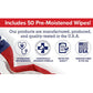 Graphic with text: “Includes 50 Pre-Moistened Wipes! Pet RXⓇ Topical Wipes for Cleansing are manufactured, produced, and quality-tested in the U.S.A.” Features icons for veterinarian recommended, advanced formula, quality tested, and made in USA. Ideal as a dog hot spot treatment or for daily use—trust Pet RXⓇ chlorhexidine wipes to help maintain your pet’s skin health.
