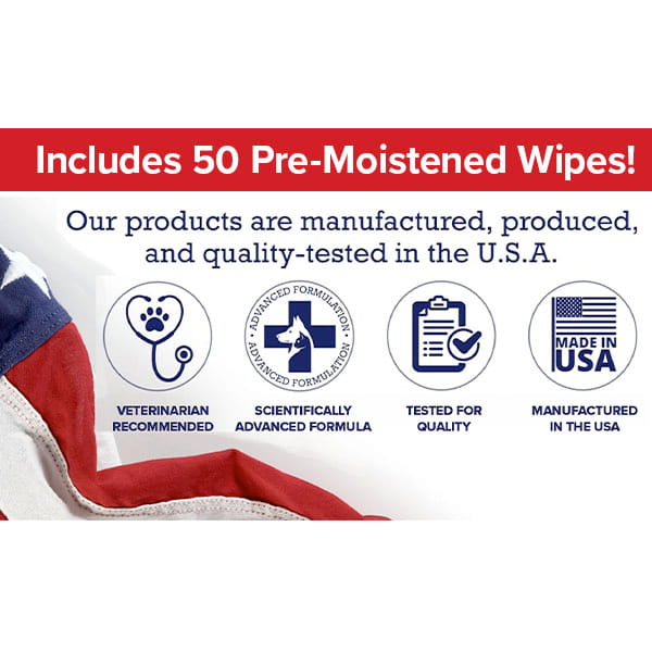 Graphic with text: “Includes 50 Pre-Moistened Wipes! Pet RXⓇ Topical Wipes for Cleansing are manufactured, produced, and quality-tested in the U.S.A.” Features icons for veterinarian recommended, advanced formula, quality tested, and made in USA. Ideal as a dog hot spot treatment or for daily use—trust Pet RXⓇ chlorhexidine wipes to help maintain your pet’s skin health.