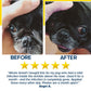 Before and after close-ups of a black pug's face highlight the improved skin condition achieved with Pet RXⓇ Topical Wipes for Cleansing; beneath the images, a five-star review features a customer testimonial praising the product’s effectiveness as a hot spot treatment for dogs.