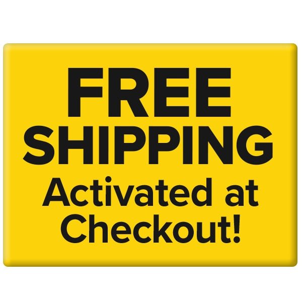 Yellow rectangular sign with bold black text: FREE SHIPPING Activated at Checkout! Perfect for your purchase of the Portable Total Body Trainer or other travel-friendly fitness equipment with adjustable resistance.