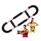 Two people exercise with the Portable Total Body Trainer, a black and red resistance bar featuring foam handles and curved ends. This travel-friendly fitness tool offers adjustable resistance, making it suitable for all fitness levels. The man holds the bar out while the woman rests it on her arms and waist; both are dressed in workout attire—making this versatile trainer perfect for on-the-go workouts wherever you are.