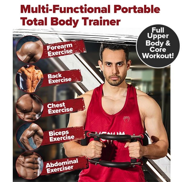 A man in a red tank top holds the Portable Total Body Trainer. Listed exercises include forearm, back, chest, biceps, and abdominal workouts. A circle highlights: “Full Upper Body & Core Workout!” Adjustable resistance makes the Portable Total Body Trainer perfect for all fitness levels. This travel-friendly fitness equipment is shown with a gym setting in the background.