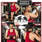 A man in a gym uses the Portable Total Body Trainer, an arm exercise device featuring 4 adjustable resistance levels: 30, 60, 90, and 120 lbs. A close-up reveals the easy-to-use resistance mechanism. Text reads “4 Levels of Resistance!” This travel-friendly Portable Total Body Trainer is ideal for convenient workouts on the go.