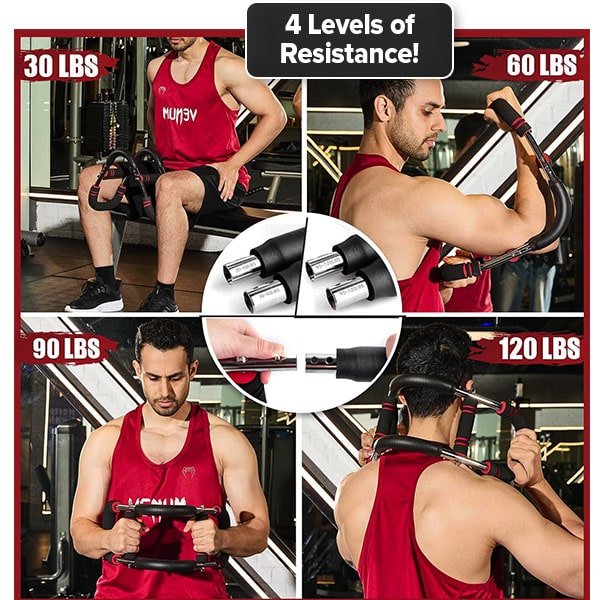A man in a gym uses the Portable Total Body Trainer, an arm exercise device featuring 4 adjustable resistance levels: 30, 60, 90, and 120 lbs. A close-up reveals the easy-to-use resistance mechanism. Text reads “4 Levels of Resistance!” This travel-friendly Portable Total Body Trainer is ideal for convenient workouts on the go.