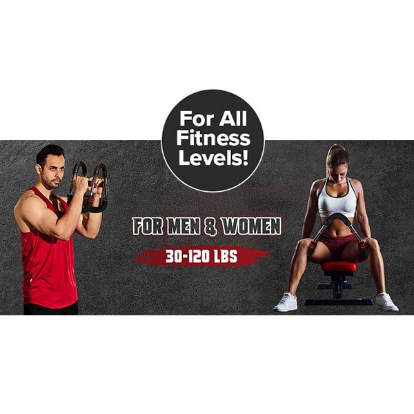 A man uses the Portable Total Body Trainer with adjustable resistance bands while a woman performs a leg press with dumbbells, showcasing this versatile and portable fitness device designed for men and women of all fitness levels, offering 30-120 lbs. of resistance. Text: For All Fitness Levels! For Men & Women 30-120 lbs.