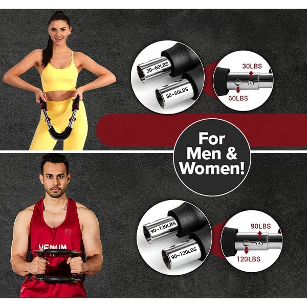 A woman in yellow and a man in red demonstrate the Portable Total Body Trainer, displaying adjustable exercise bars labeled with weight ranges of 30-60 lbs and 90-120 lbs. Center text reads, For Men & Women! Close-up shots showcase the travel-friendly fitness equipment’s customizable resistance options.