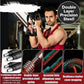 A man works out in the gym with the Portable Total Body Trainer. Insets provide close-up views of its resistance bars, precision steel spring, perfectly aligned holes, and premium leather wrapping. Text emphasizes key features: adjustable resistance, double-layer steel construction, and easy installation—making the Portable Total Body Trainer ideal travel-friendly fitness equipment for workouts anywhere.