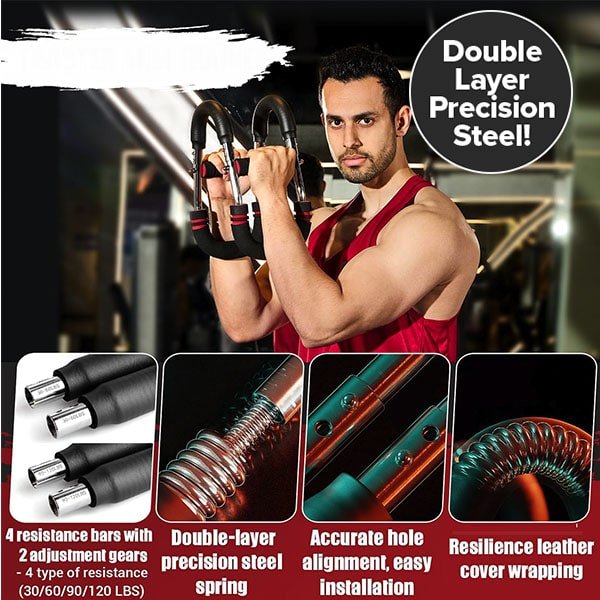 A man works out in the gym with the Portable Total Body Trainer. Insets provide close-up views of its resistance bars, precision steel spring, perfectly aligned holes, and premium leather wrapping. Text emphasizes key features: adjustable resistance, double-layer steel construction, and easy installation—making the Portable Total Body Trainer ideal travel-friendly fitness equipment for workouts anywhere.