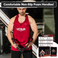 A muscular man wearing a red Venum tank top holds the Portable Total Body Trainer, featuring comfortable, non-slip foam handles. Text reads, “Comfortable Non-Slip Foam Handles!” Exercise guides are displayed in the corner, emphasizing this travel-friendly fitness equipment.