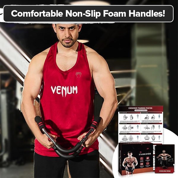 A muscular man wearing a red Venum tank top holds the Portable Total Body Trainer, featuring comfortable, non-slip foam handles. Text reads, “Comfortable Non-Slip Foam Handles!” Exercise guides are displayed in the corner, emphasizing this travel-friendly fitness equipment.