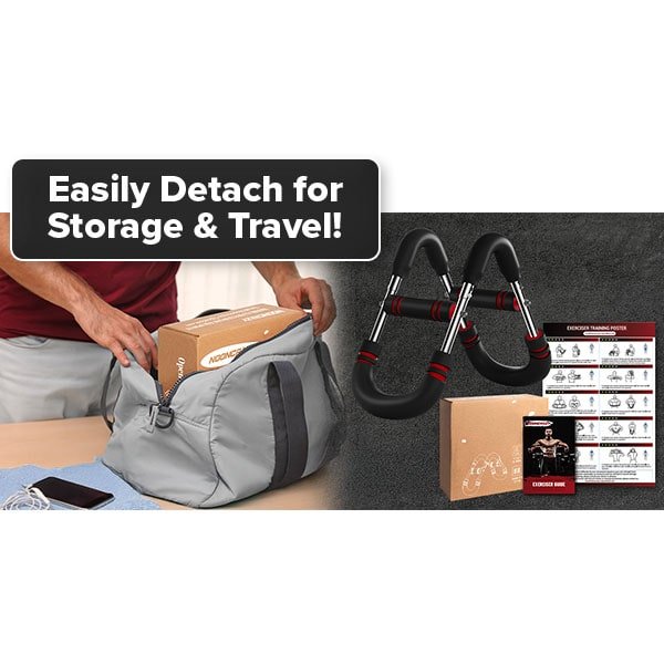 A person packs a box labeled “Easily Detach for Storage & Travel!”—the Portable Total Body Trainer—into a gray duffel bag. Also shown are the trainer’s detachable handles, exercise guide, and workout posters, providing everything you need for a portable fitness solution with adjustable resistance. This makes the Portable Total Body Trainer the perfect travel-friendly fitness equipment.