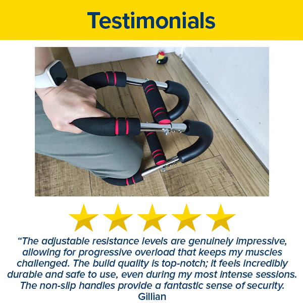 A person grips the black and red Portable Total Body Trainer push-up bars on a wooden floor while wearing a smartwatch. Below the image, five gold stars and a testimonial highlight the product’s excellent resistance, sturdy build quality, and comfortable non-slip handles. This travel-friendly fitness equipment makes it easy to take your workout anywhere.