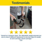 A person holds the Portable Total Body Trainer, featuring black and orange grips. Below, four yellow stars appear alongside a testimonial praising its adjustable resistance, versatile functionality, and travel-friendly fitness equipment design.