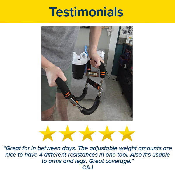 A person holds the Portable Total Body Trainer, featuring black and orange grips. Below, four yellow stars appear alongside a testimonial praising its adjustable resistance, versatile functionality, and travel-friendly fitness equipment design.