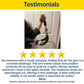 A person holds the Portable Total Body Trainer, a sleek black and red device that exemplifies compact whole-body workout equipment. Below, a five-star review highlights its ease of use, effectiveness, adjustable resistance levels, and safety features. At the top, the bold headline “Testimonials” draws attention to satisfied user feedback.