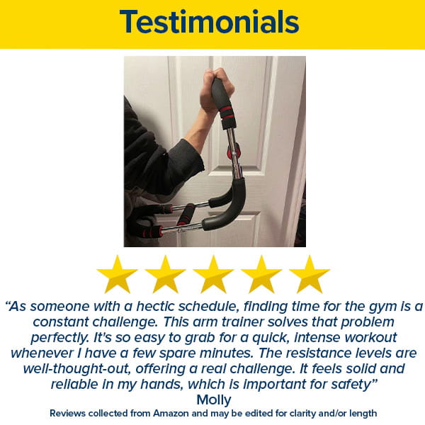 A person holds the Portable Total Body Trainer, a sleek black and red device that exemplifies compact whole-body workout equipment. Below, a five-star review highlights its ease of use, effectiveness, adjustable resistance levels, and safety features. At the top, the bold headline “Testimonials” draws attention to satisfied user feedback.