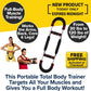 Advertisement for the Portable Total Body Trainer featuring images of a woman and man using the equipment. Text highlights muscle training benefits and offers free shipping. The travel-friendly Portable Total Body Trainer is pictured in the center, featuring adjustable resistance from 30 lbs to 120 lbs to accommodate all fitness levels.
