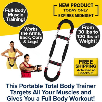 Advertisement for the Portable Total Body Trainer featuring images of a woman and man using the equipment. Text highlights muscle training benefits and offers free shipping. The travel-friendly Portable Total Body Trainer is pictured in the center, featuring adjustable resistance from 30 lbs to 120 lbs to accommodate all fitness levels.