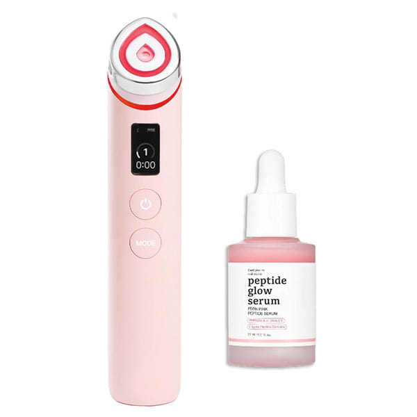 The Real Glass Glow Beauty Massager, featuring a pink glass design with a digital display and buttons, sits beside a dropper bottle of peptide glow serum filled with vibrant pink liquid for advanced pore care.