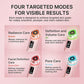 Infographic displays the Real Glass Glow Beauty Massager’s four modes: Radiance Care (booster, orange), Definition & Volume (MC, green), Facial Definition (Derma Shot, red), and Pore Care (Air Shot, blue) with benefits and serum tips for each.