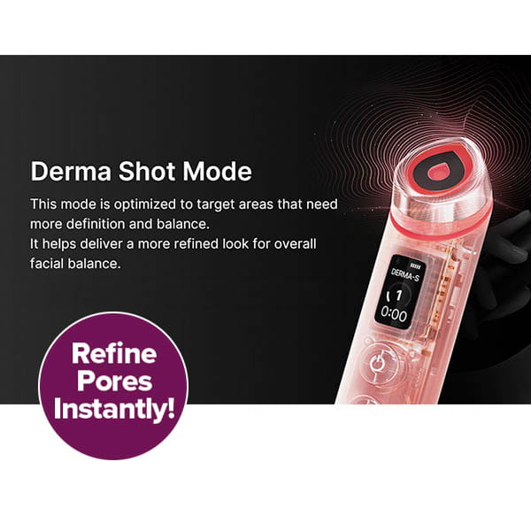 The Real Glass Glow Beauty Massager features a digital display with glowing red accents, Derma Shot Mode for targeted definition, balance, and pore care, plus a purple circle stating: Refine Pores Instantly!.