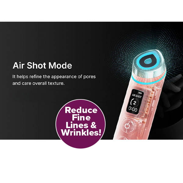 The Real Glass Glow Beauty Massager in Air Shot Mode features glowing blue accents and a digital display. Text reads: Reduce Fine Lines & Wrinkles! Refines pores and enhances overall skin texture for a radiant look.
