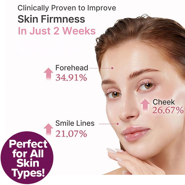 A woman with clear skin is shown as text highlights: forehead firmness up 34.91%, cheek firmness up 26.67%, and smile lines improved by 21.07%. Achieve these results with Real Glass Glow Beauty Massager—ideal for all skin types!.