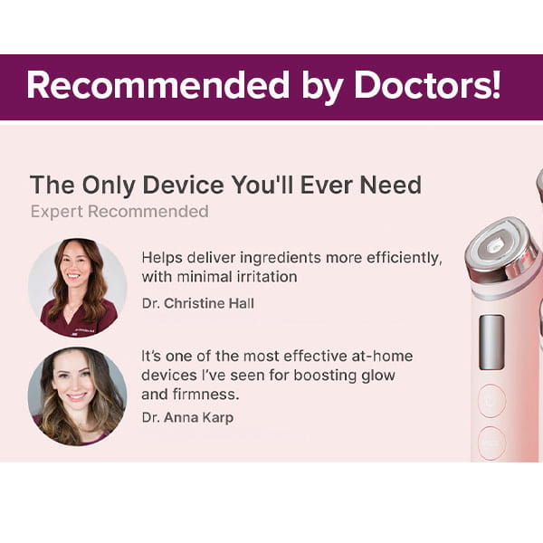A promotional image shows the headline "Recommended by Doctors!" with photos of two female doctors endorsing the Real Glass Glow Beauty Massager, highlighting its efficient and effective at-home pore care in testimonials.
