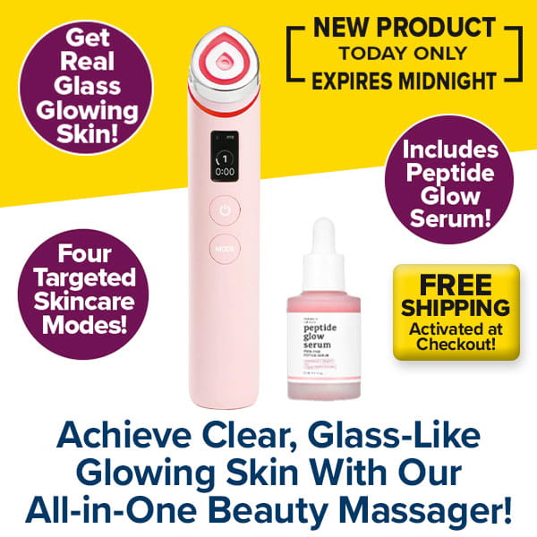 Promotional image featuring the Real Glass Glow Beauty Massager and Peptide Glow Serum, showcasing pore care, free shipping, and a limited-time offer for clear, glass-like skin.