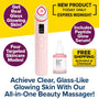 Promotional image featuring the Real Glass Glow Beauty Massager and Peptide Glow Serum, showcasing pore care, free shipping, and a limited-time offer for clear, glass-like skin.