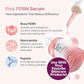 A promotional graphic for Pink PDRN Serum (Peptide Glow Serum) highlighting Rose PDRN, Niacinamide, and Peptide for pore care. Features a pink serum bottle—perfect for use with the Real Glass Glow Beauty Massager.