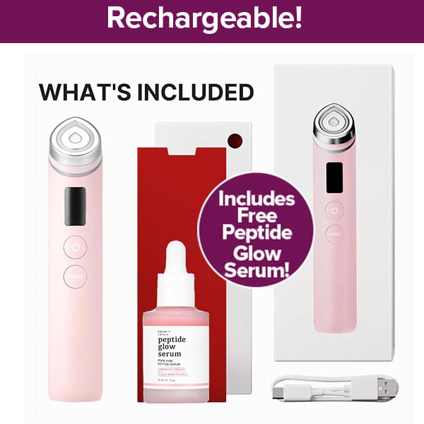 The Real Glass Glow Beauty Massager in pink with a white charging cable and a bottle of peptide glow serum for pore care are shown with packaging. The peptide glow serum is included free.