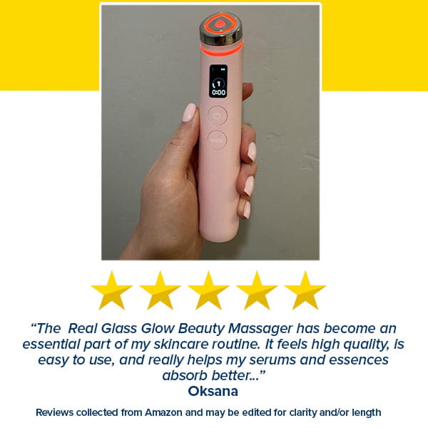 A hand holds a pink Real Glass Glow Beauty Massager with a digital display. Below, Oksana gives a five-star review, praising its pore care and effectiveness.