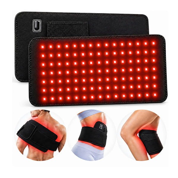 A rectangular black Red Light Therapy Wrap with a grid of glowing lights shown in use on a person’s shoulder, waist, and knee for joint pain relief.