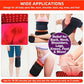 Collage showing a Red Light Therapy Wrap applied to the lower back, shoulder, knee, thigh, and feet, with text highlighting versatile applications for joint pain relief and usage instructions.