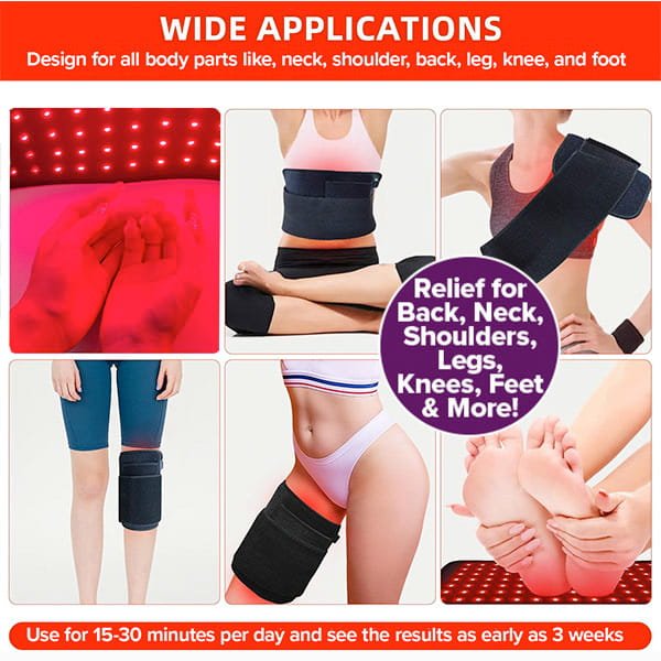 Collage showing a Red Light Therapy Wrap applied to the lower back, shoulder, knee, thigh, and feet, with text highlighting versatile applications for joint pain relief and usage instructions.