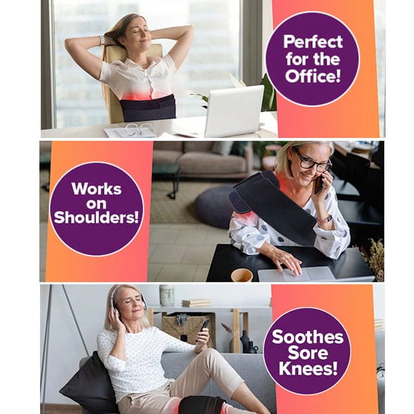 Three panels show a person using a Red Light Therapy Wrap on their lower back in an office, across their shoulders while working at a laptop, and around their knee for joint pain relief while relaxing on a sofa.