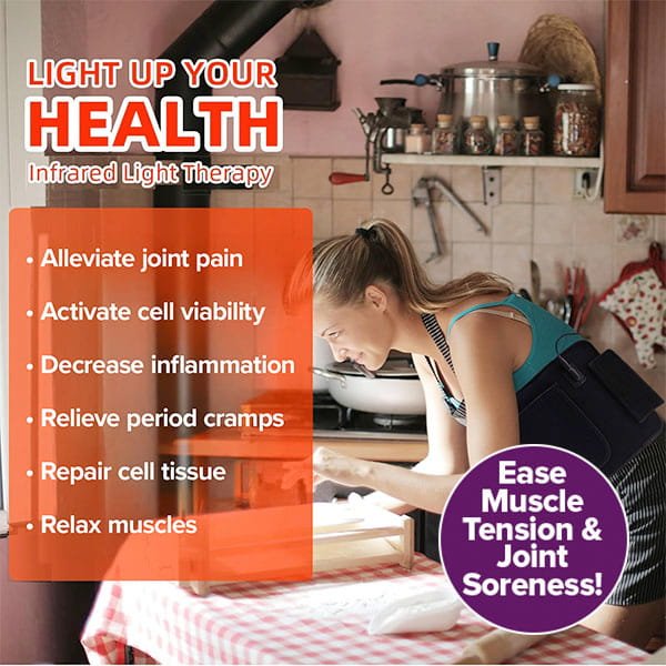 A woman in a kitchen wears a black Red Light Therapy Wrap around her waist, with overlaid text listing health benefits like pain relief, reduced inflammation, and muscle relaxation.