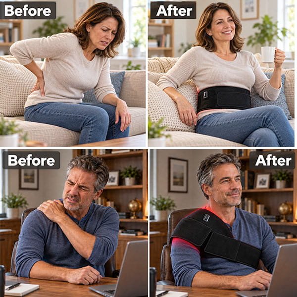 A side-by-side comparison of a woman with back pain and a man with shoulder pain, both using a black Red Light Therapy Wrap for joint pain relief.