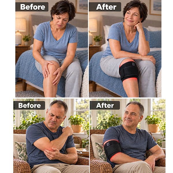 A split-screen comparison shows a person with a hand on their knee and another holding their elbow, contrasted with them wearing a Red Light Therapy Wrap for joint pain relief on those same areas.