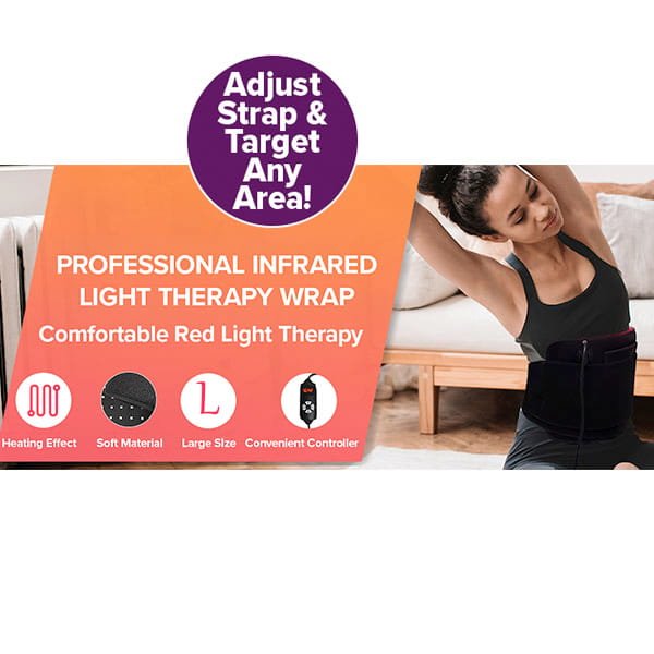 A person wears a black Red Light Therapy Wrap around their waist, with text overlay highlighting a heating effect, soft material, and a convenient controller for targeted joint pain relief.