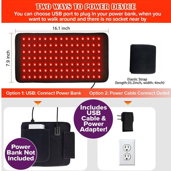 Infographic showing a Red Light Therapy Wrap, its dimensions, and two power options—a USB power bank or a standard wall outlet—for effective joint pain relief.