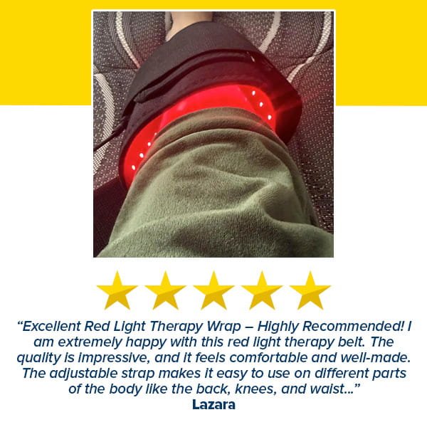 A black Red Light Therapy Wrap emitting red light is secured around a person’s knee, positioned above a five-star review.