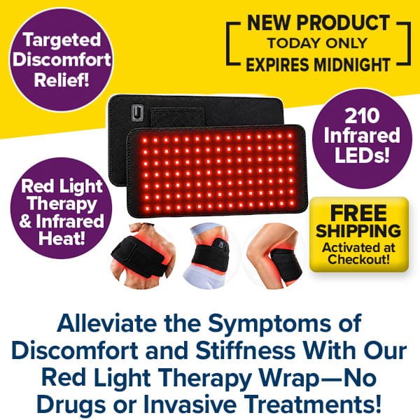 Red Light Therapy Wrap featuring 210 infrared LEDs applied to a shoulder, lower back, and knee to provide joint pain relief, with promotional text about discomfort relief and free shipping.