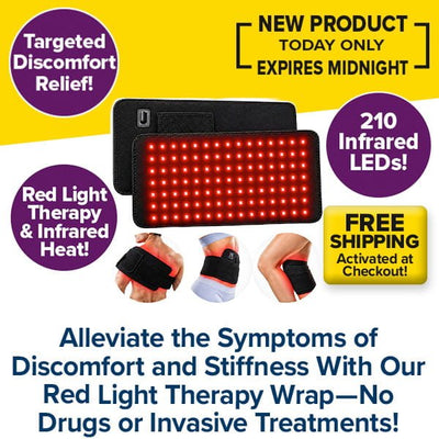 Red Light Therapy Wrap featuring 210 infrared LEDs applied to a shoulder, lower back, and knee to provide joint pain relief, with promotional text about discomfort relief and free shipping.